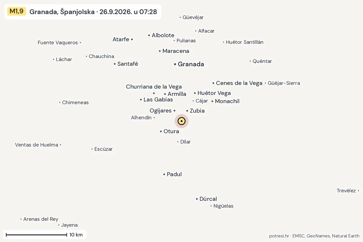 Karta: okolica epicentra, 60 km, potres M1,9, Granada, Španjolska, 26.9.2026.