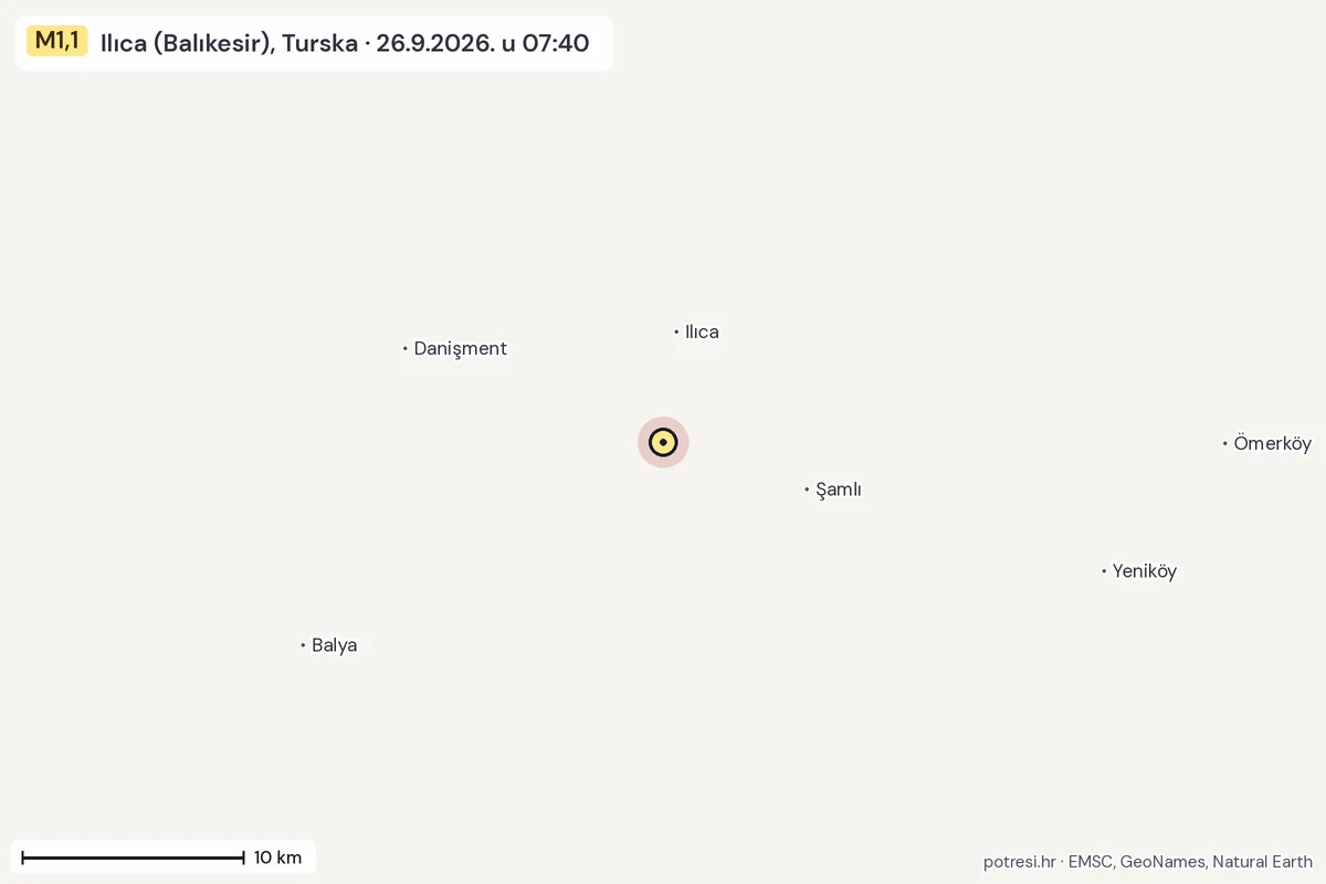 Karta: okolica epicentra, 60 km, potres M1,1, Ilıca (Balıkesir), Turska, 26.9.2026.