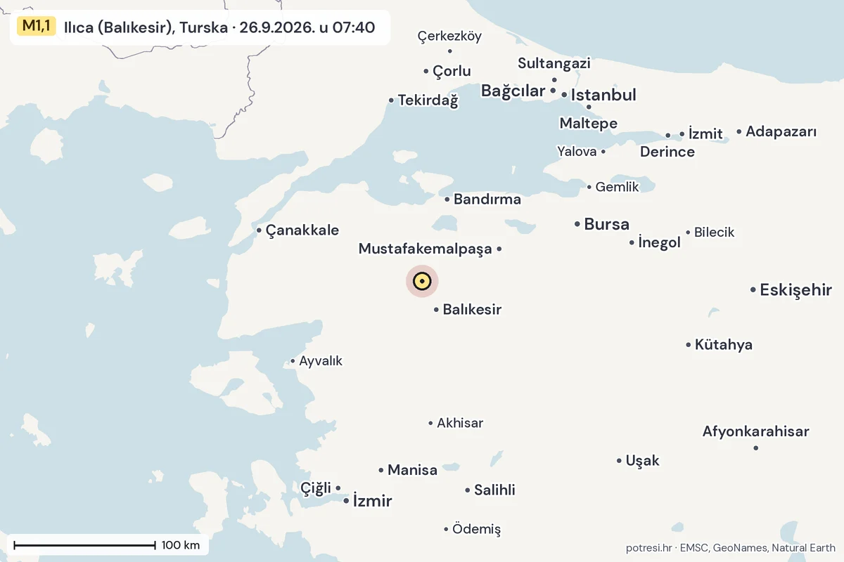 Karta: šire područje, 600 km, potres M1,1, Ilıca (Balıkesir), Turska, 26.9.2026.