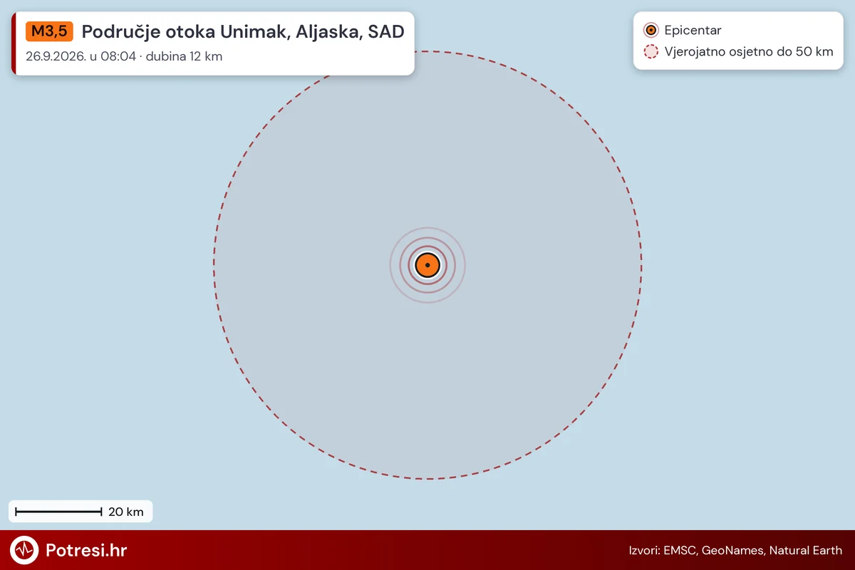 Karta: šire područje i vjerojatni doseg osjeta, potres M3,5, Područje otoka Unimak, Aljaska, SAD, 26.9.2026.