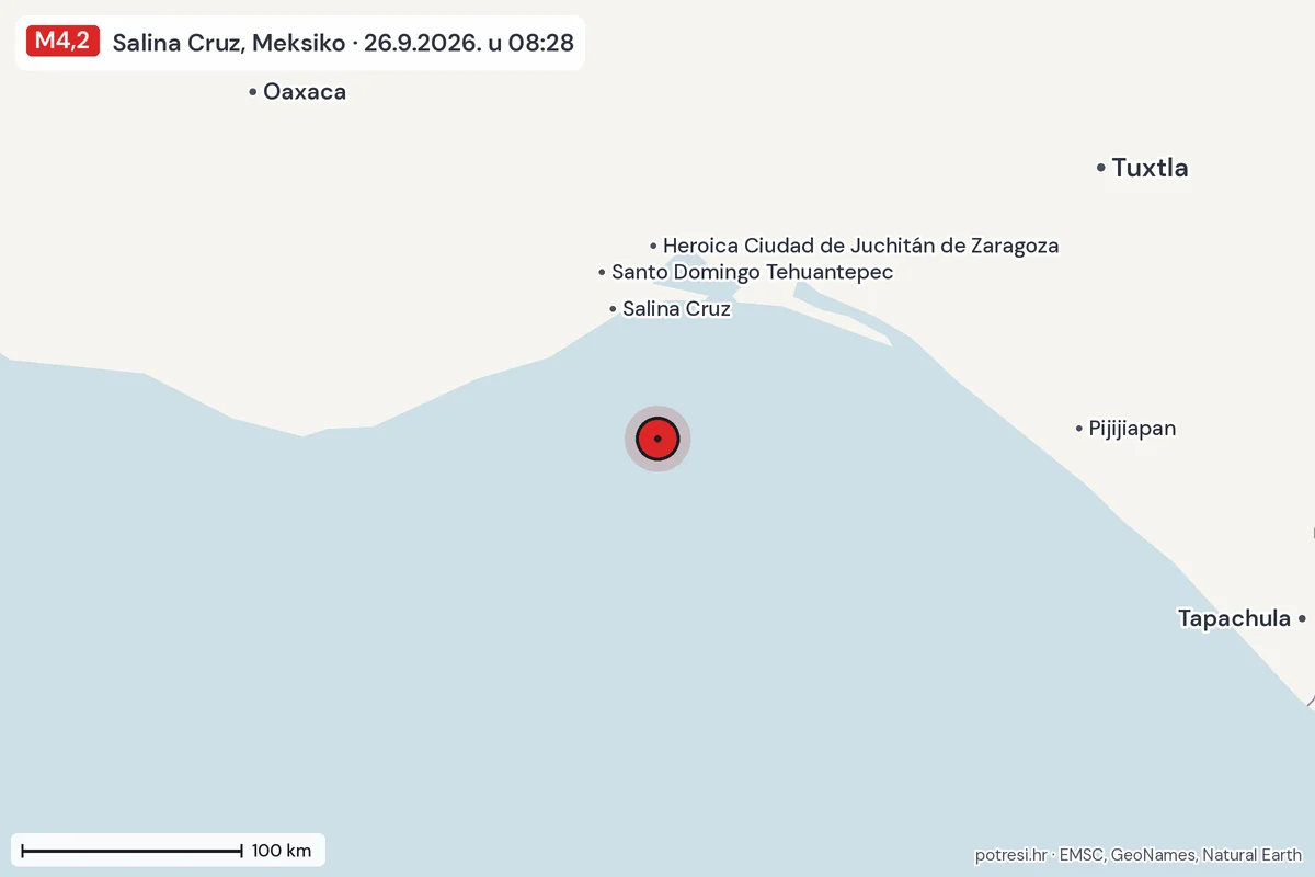 Karta: šire područje, 600 km, potres M4,2, Salina Cruz, Meksiko, 26.9.2026.