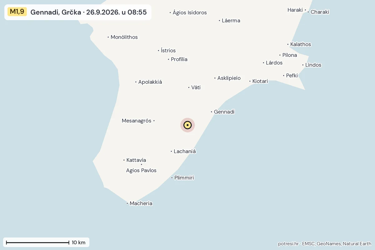 Karta: okolica epicentra, 60 km, potres M1,9, Gennadi, Grčka, 26.9.2026.