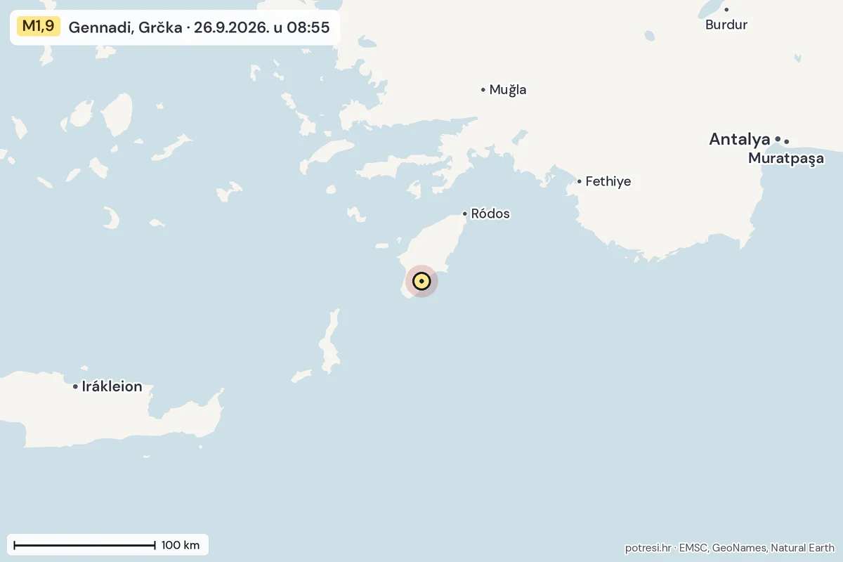 Karta: šire područje, 600 km, potres M1,9, Gennadi, Grčka, 26.9.2026.