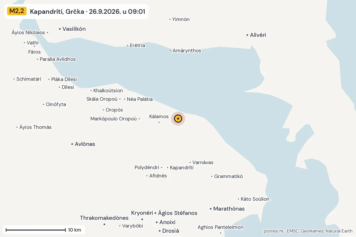 Karta: okolica epicentra, 60 km, potres M2,2, Kapandríti, Grčka, 26.9.2026.
