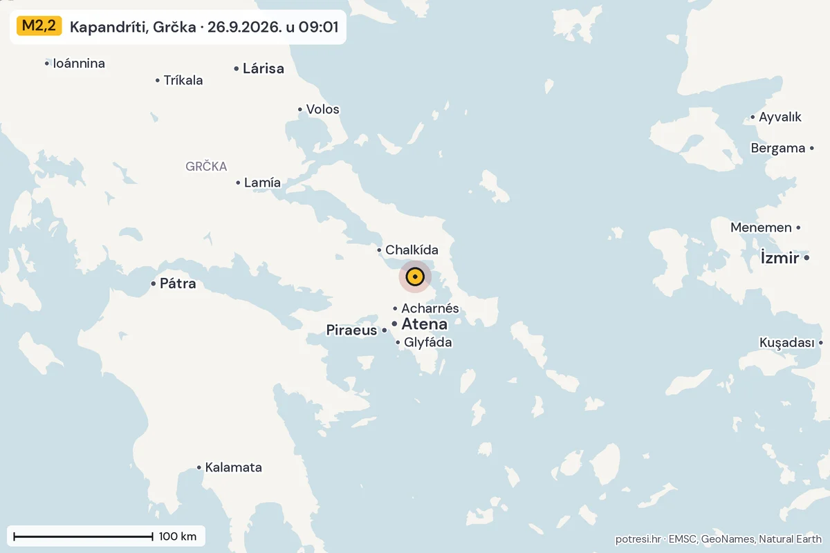 Karta: šire područje, 600 km, potres M2,2, Kapandríti, Grčka, 26.9.2026.