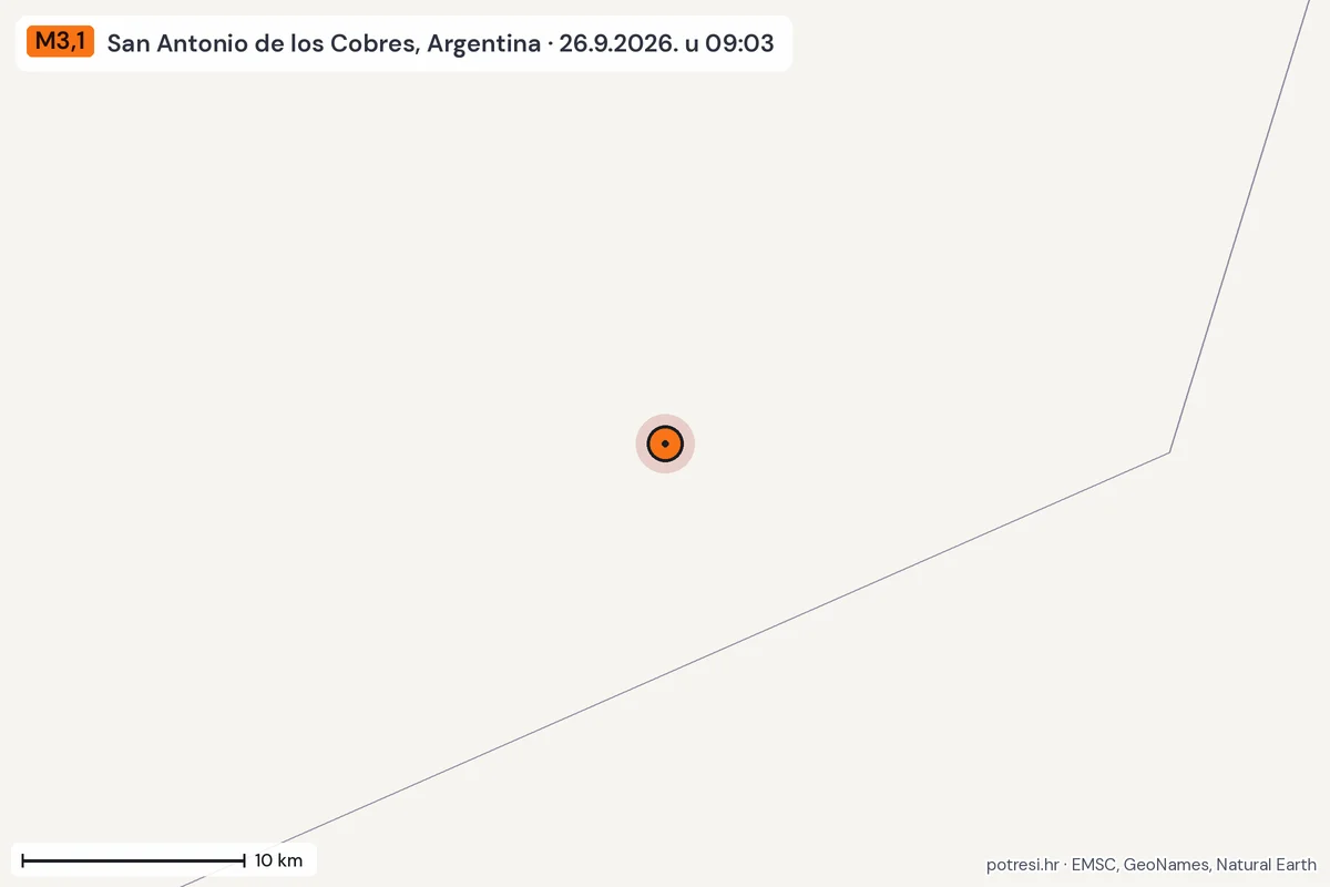 Karta: okolica epicentra, 60 km, potres M3,1, San Antonio de los Cobres, Argentina, 26.9.2026.