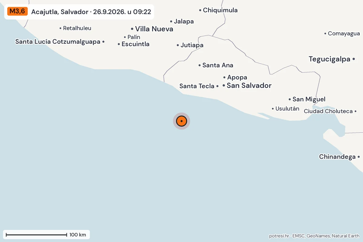 Karta: šire područje, 600 km, potres M3,6, Acajutla, Salvador, 26.9.2026.