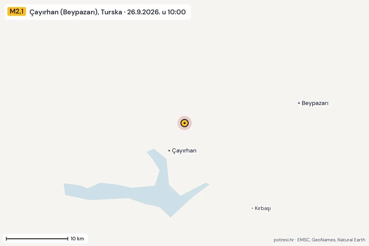 Karta: okolica epicentra, 60 km, potres M2,1, Çayırhan (Beypazarı), Turska, 26.9.2026.