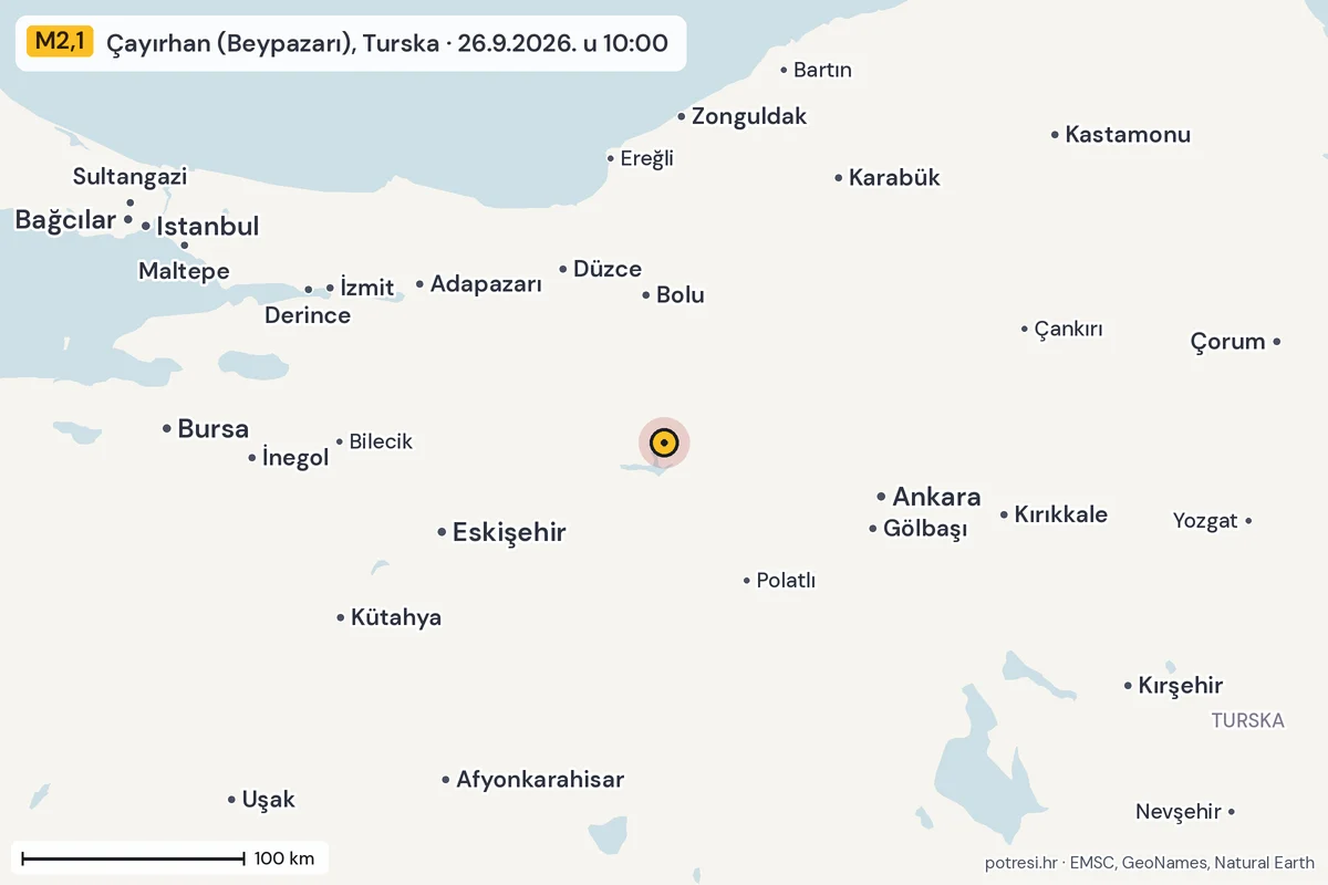 Karta: šire područje, 600 km, potres M2,1, Çayırhan (Beypazarı), Turska, 26.9.2026.