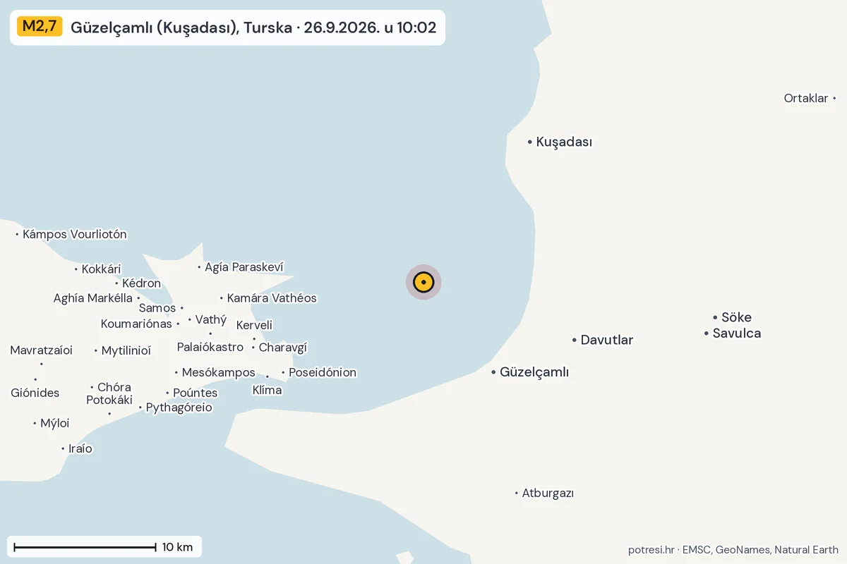 Karta: okolica epicentra, 60 km, potres M2,7, Güzelçamlı (Kuşadası), Turska, 26.9.2026.