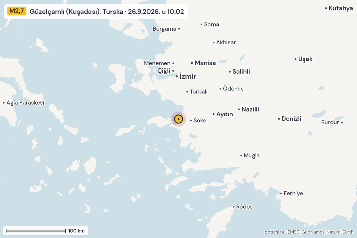 Karta: šire područje, 600 km, potres M2,7, Güzelçamlı (Kuşadası), Turska, 26.9.2026.