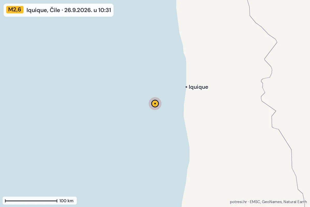 Karta: šire područje, 600 km, potres M2,6, Iquique, Čile, 26.9.2026.