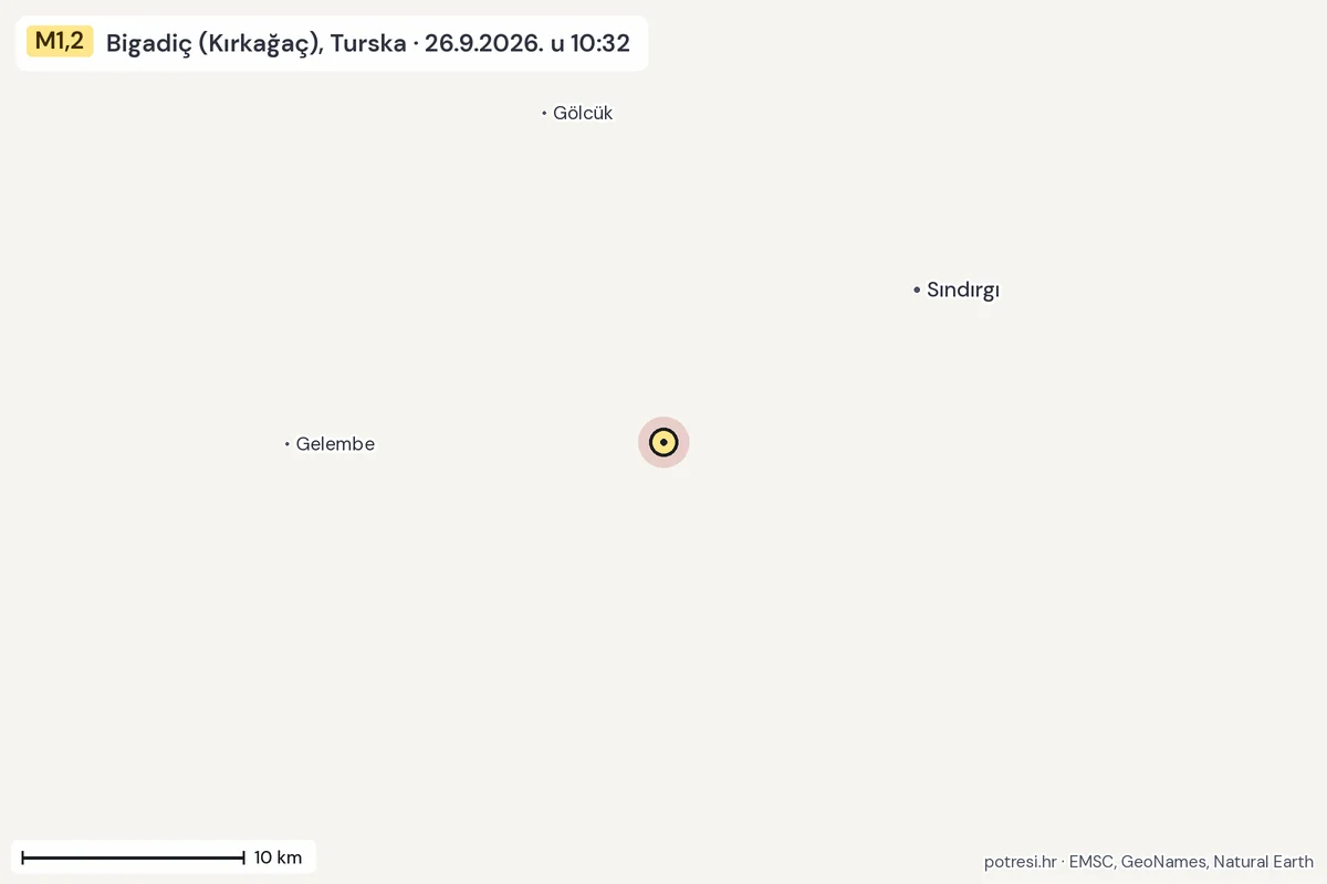Karta: okolica epicentra, 60 km, potres M1,2, Bigadiç (Kırkağaç), Turska, 26.9.2026.