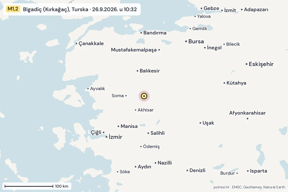 Karta: šire područje, 600 km, potres M1,2, Bigadiç (Kırkağaç), Turska, 26.9.2026.