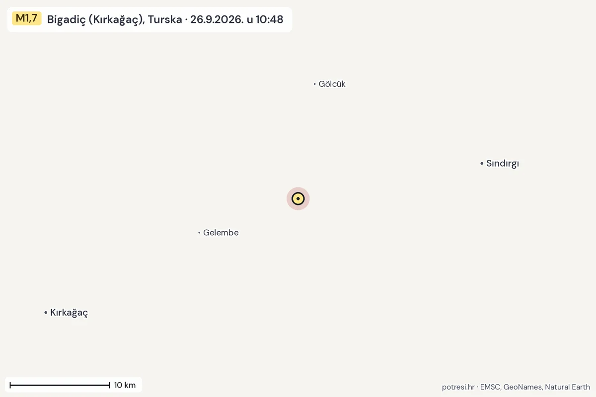 Karta: okolica epicentra, 60 km, potres M1,7, Bigadiç (Kırkağaç), Turska, 26.9.2026.