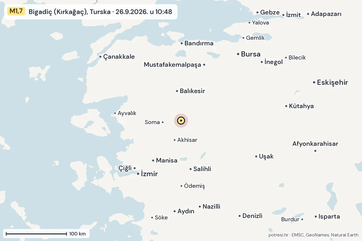 Karta: šire područje, 600 km, potres M1,7, Bigadiç (Kırkağaç), Turska, 26.9.2026.