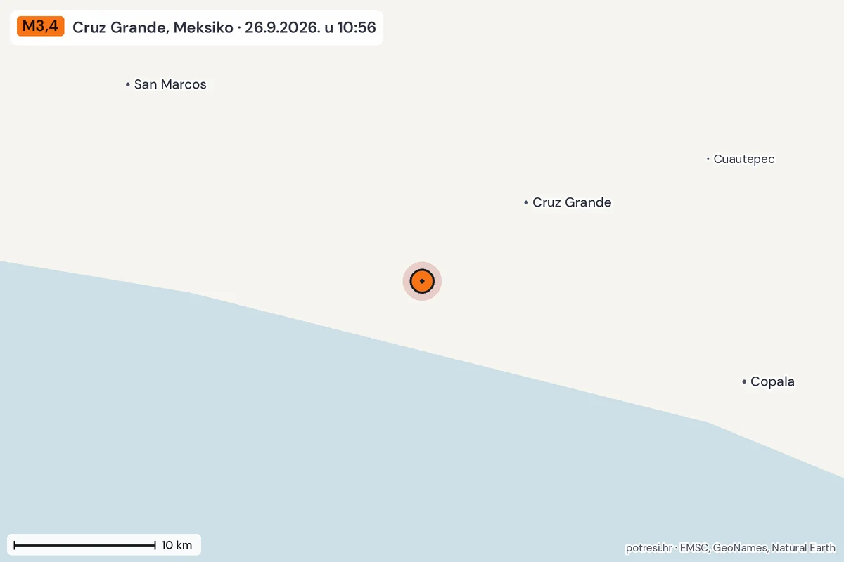 Karta: okolica epicentra, 60 km, potres M3,4, Cruz Grande, Meksiko, 26.9.2026.