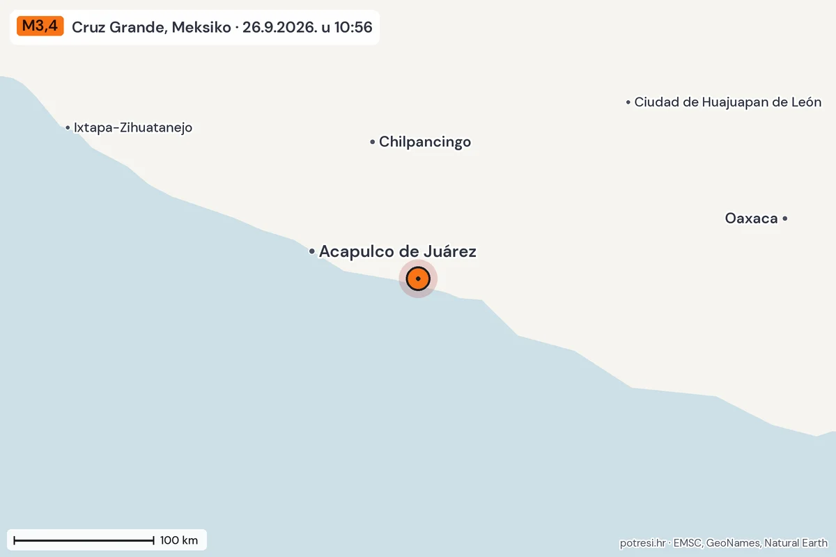 Karta: šire područje, 600 km, potres M3,4, Cruz Grande, Meksiko, 26.9.2026.
