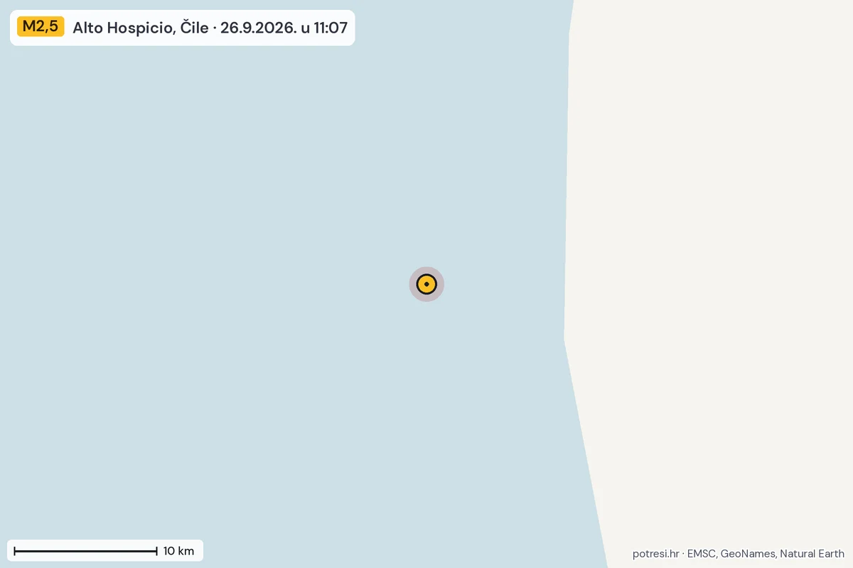 Karta: okolica epicentra, 60 km, potres M2,5, Alto Hospicio, Čile, 26.9.2026.