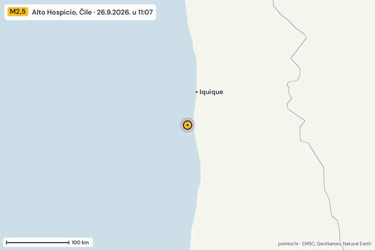 Karta: šire područje, 600 km, potres M2,5, Alto Hospicio, Čile, 26.9.2026.