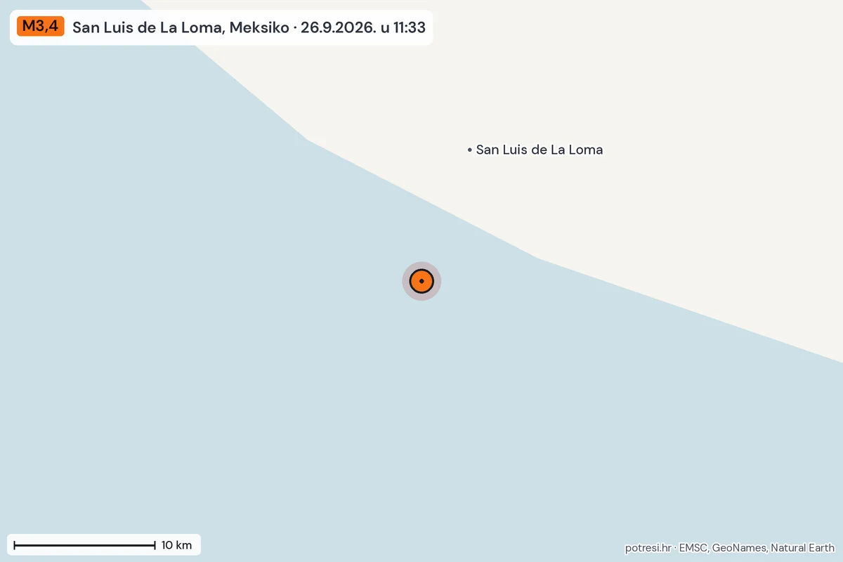 Karta: okolica epicentra, 60 km, potres M3,4, San Luis de La Loma, Meksiko, 26.9.2026.