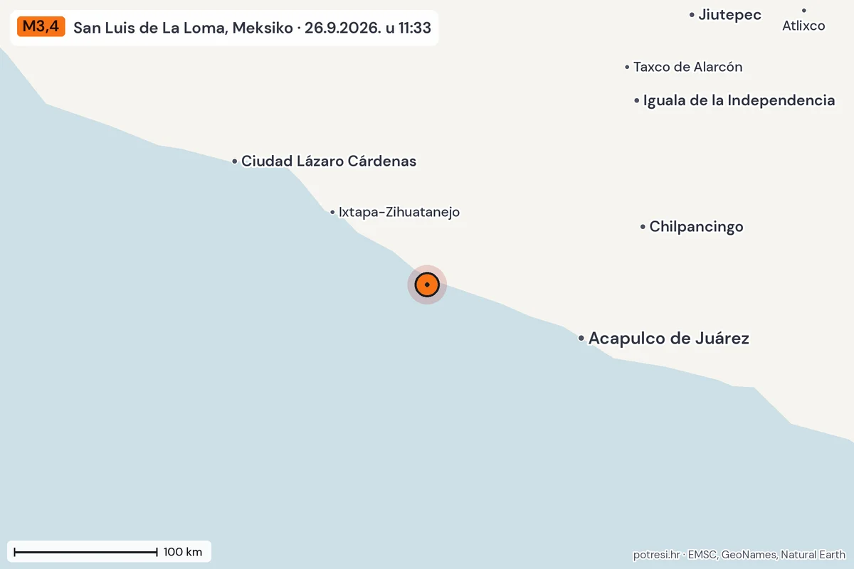 Karta: šire područje, 600 km, potres M3,4, San Luis de La Loma, Meksiko, 26.9.2026.
