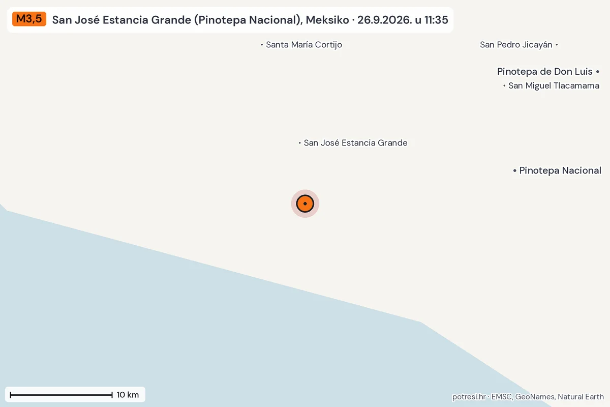 Karta: okolica epicentra, 60 km, potres M3,5, San José Estancia Grande (Pinotepa Nacional), Meksiko, 26.9.2026.