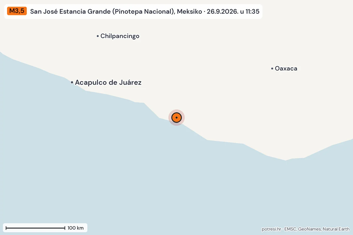 Karta: šire područje, 600 km, potres M3,5, San José Estancia Grande (Pinotepa Nacional), Meksiko, 26.9.2026.