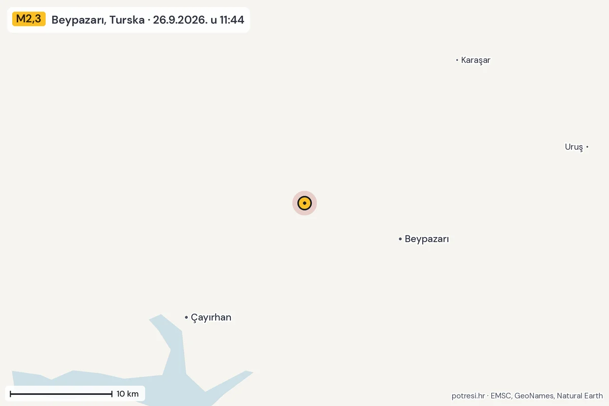 Karta: okolica epicentra, 60 km, potres M2,3, Beypazarı, Turska, 26.9.2026.