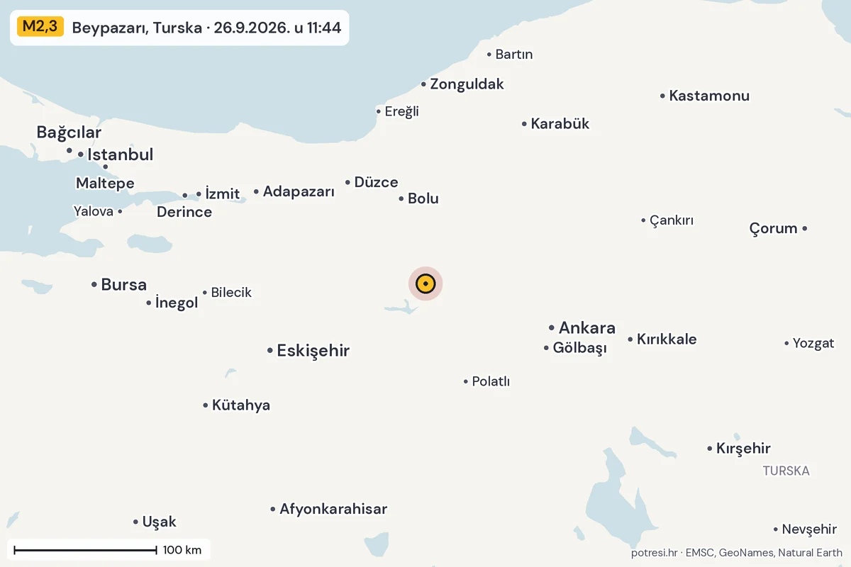 Karta: šire područje, 600 km, potres M2,3, Beypazarı, Turska, 26.9.2026.