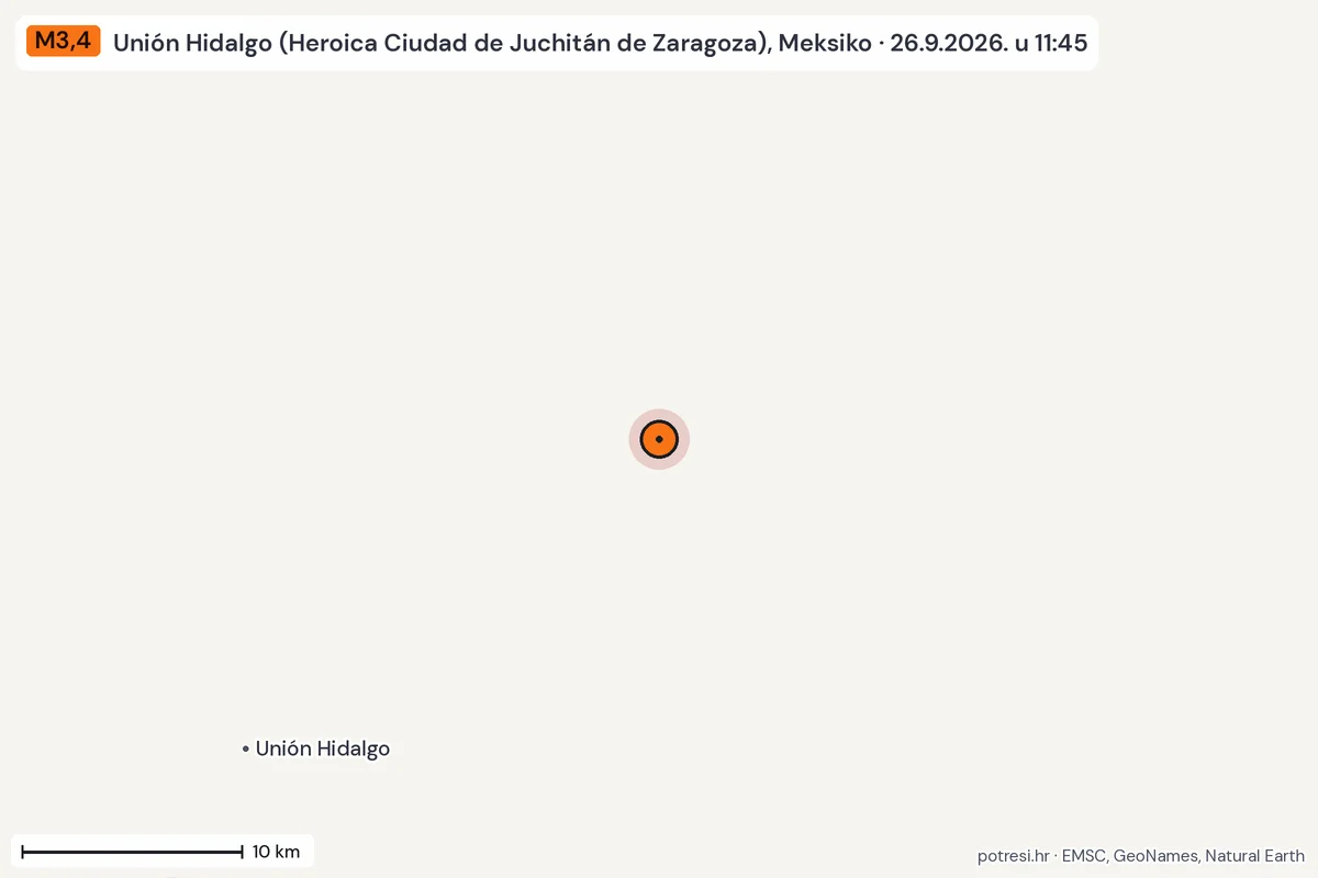 Karta: okolica epicentra, 60 km, potres M3,4, Unión Hidalgo (Heroica Ciudad de Juchitán de Zaragoza), Meksiko, 26.9.2026.