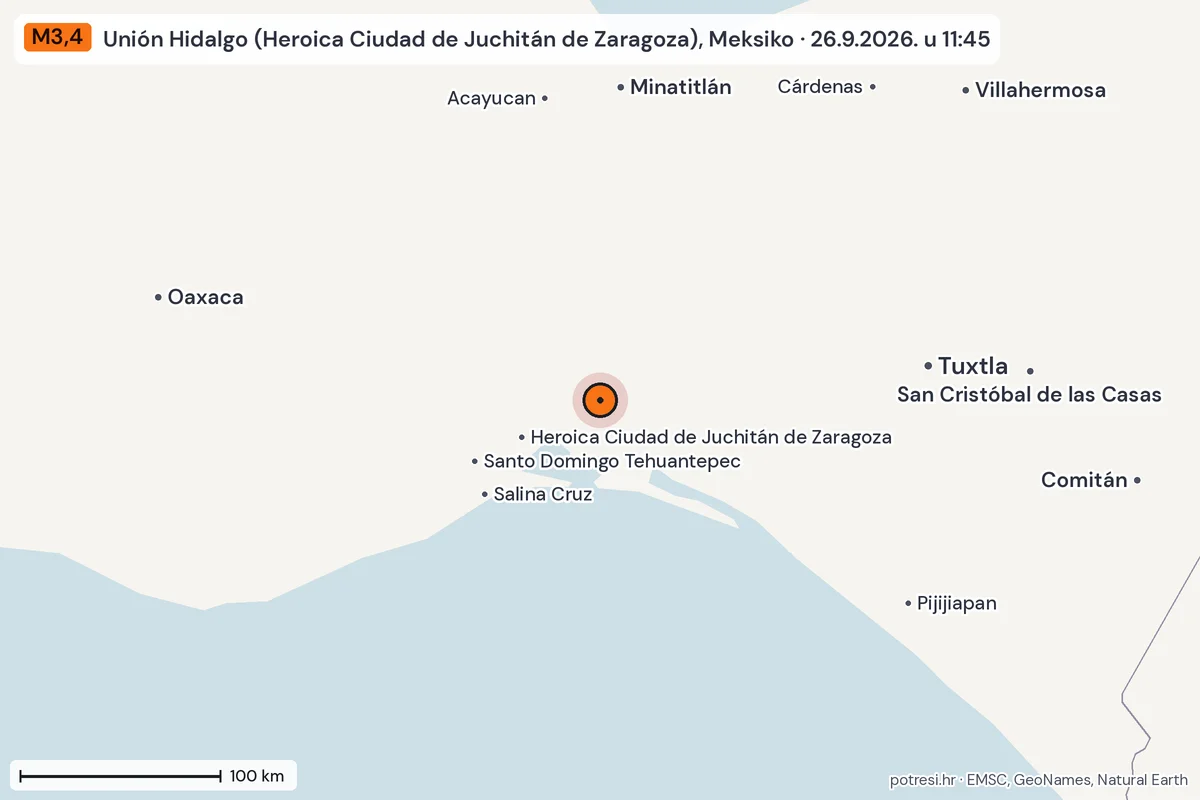 Karta: šire područje, 600 km, potres M3,4, Unión Hidalgo (Heroica Ciudad de Juchitán de Zaragoza), Meksiko, 26.9.2026.