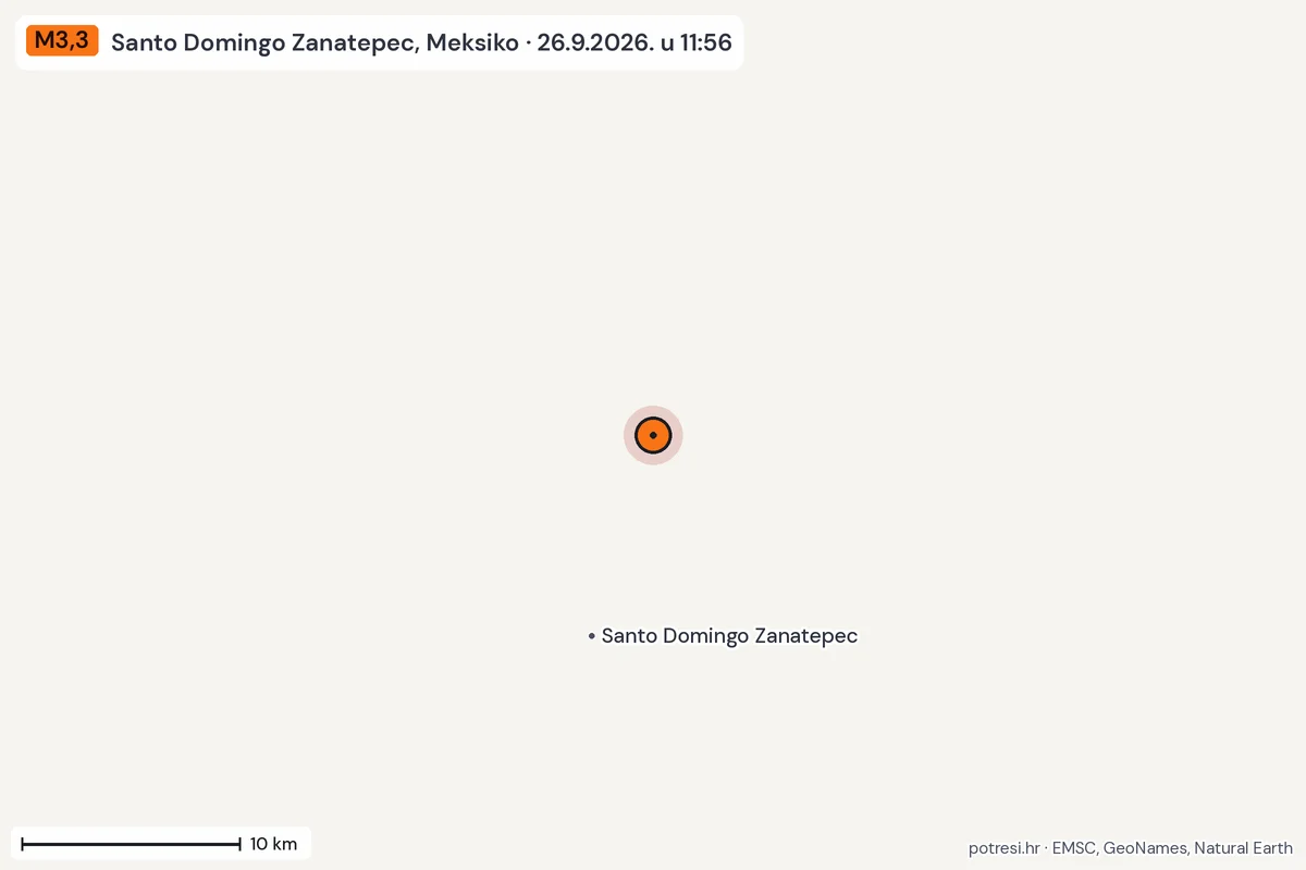 Karta: okolica epicentra, 60 km, potres M3,3, Santo Domingo Zanatepec, Meksiko, 26.9.2026.