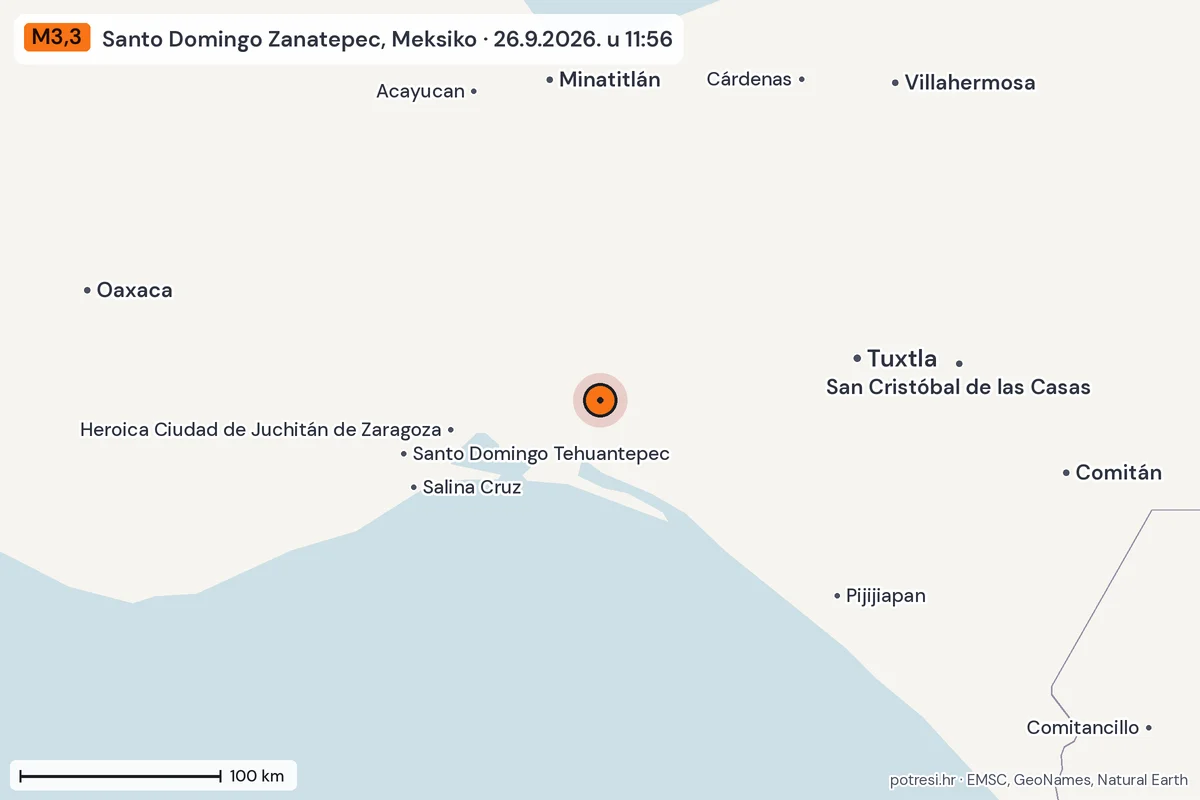 Karta: šire područje, 600 km, potres M3,3, Santo Domingo Zanatepec, Meksiko, 26.9.2026.