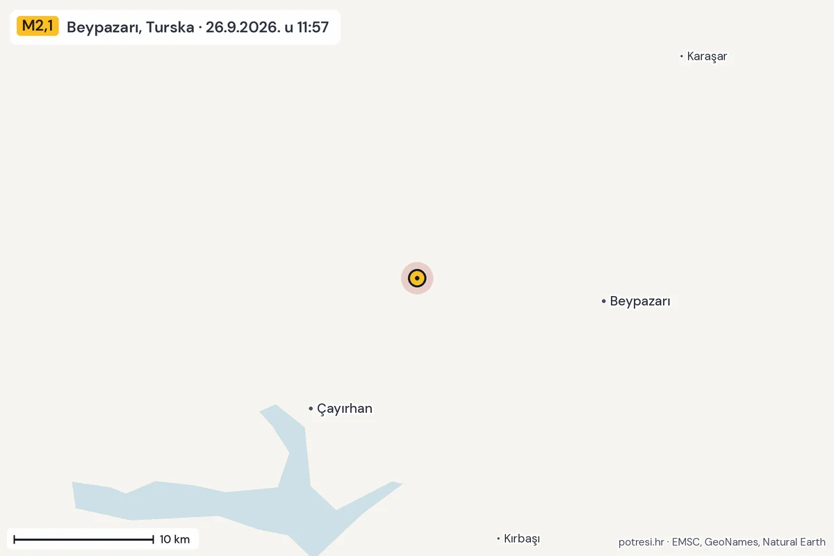 Karta: okolica epicentra, 60 km, potres M2,1, Beypazarı, Turska, 26.9.2026.