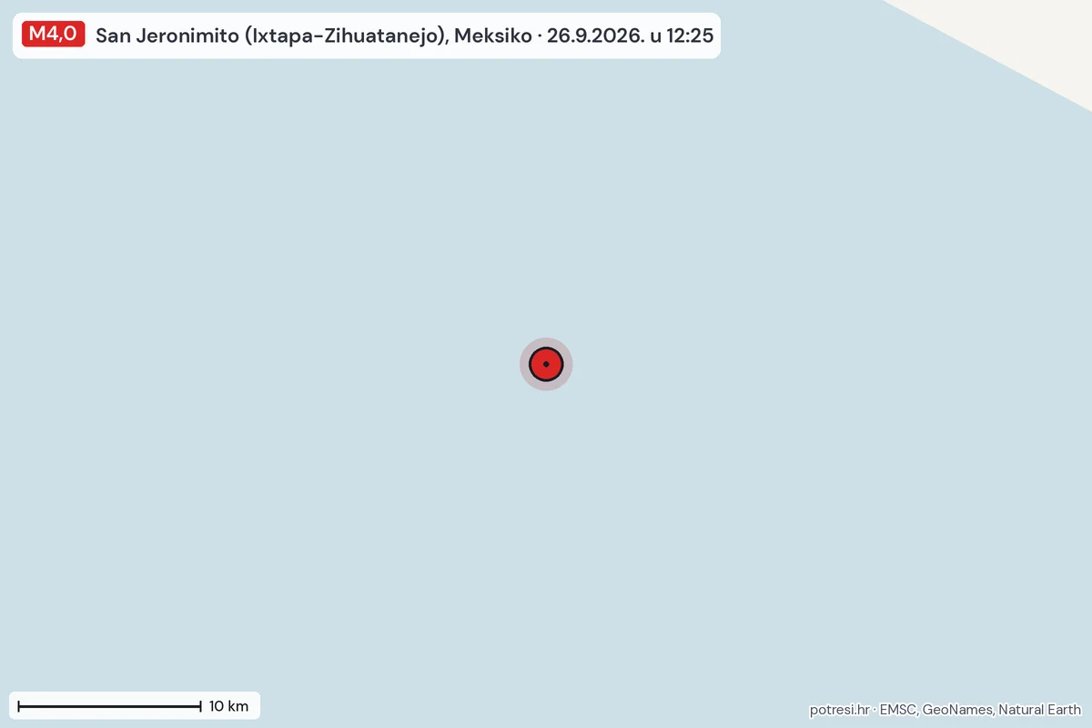 Karta: okolica epicentra, 60 km, potres M4,0, San Jeronimito (Ixtapa-Zihuatanejo), Meksiko, 26.9.2026.