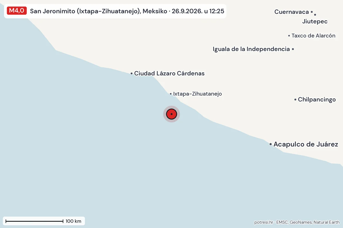 Karta: šire područje, 600 km, potres M4,0, San Jeronimito (Ixtapa-Zihuatanejo), Meksiko, 26.9.2026.
