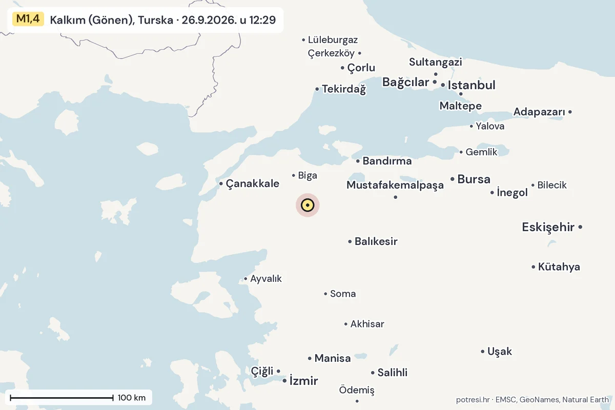 Karta: šire područje, 600 km, potres M1,4, Kalkım (Gönen), Turska, 26.9.2026.