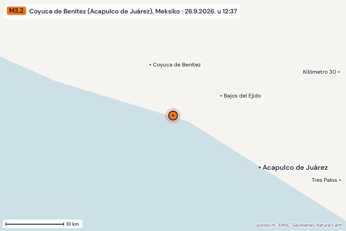 Karta: okolica epicentra, 60 km, potres M3,2, Coyuca de Benítez (Acapulco de Juárez), Meksiko, 26.9.2026.