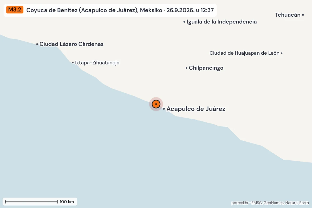 Karta: šire područje, 600 km, potres M3,2, Coyuca de Benítez (Acapulco de Juárez), Meksiko, 26.9.2026.