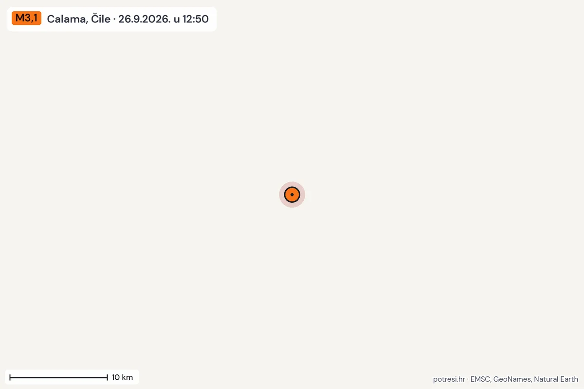 Karta: okolica epicentra, 60 km, potres M3,1, Calama, Čile, 26.9.2026.
