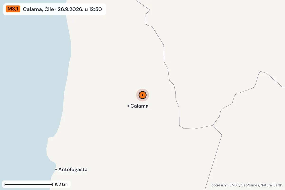 Karta: šire područje, 600 km, potres M3,1, Calama, Čile, 26.9.2026.