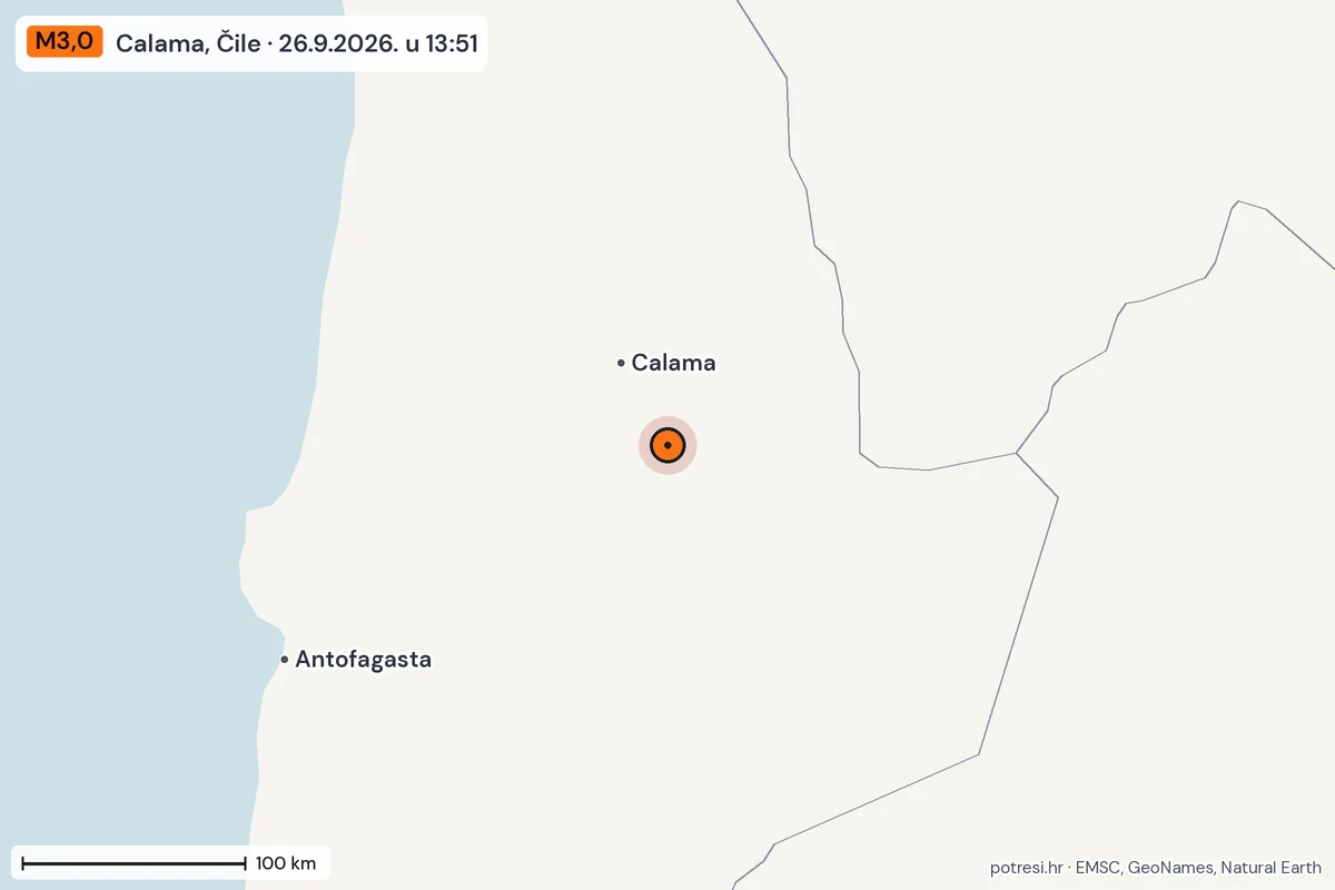 Karta: šire područje, 600 km, potres M3,0, Calama, Čile, 26.9.2026.
