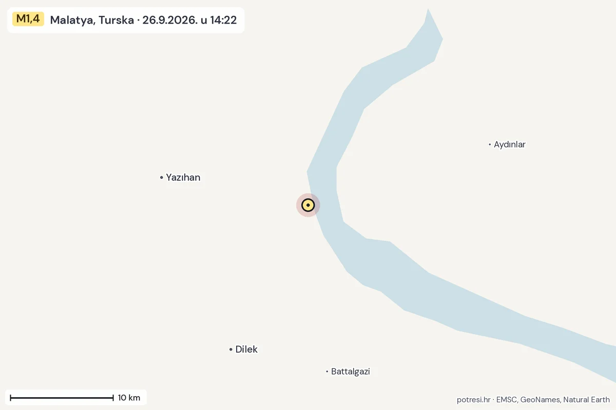 Karta: okolica epicentra, 60 km, potres M1,4, Malatya, Turska, 26.9.2026.