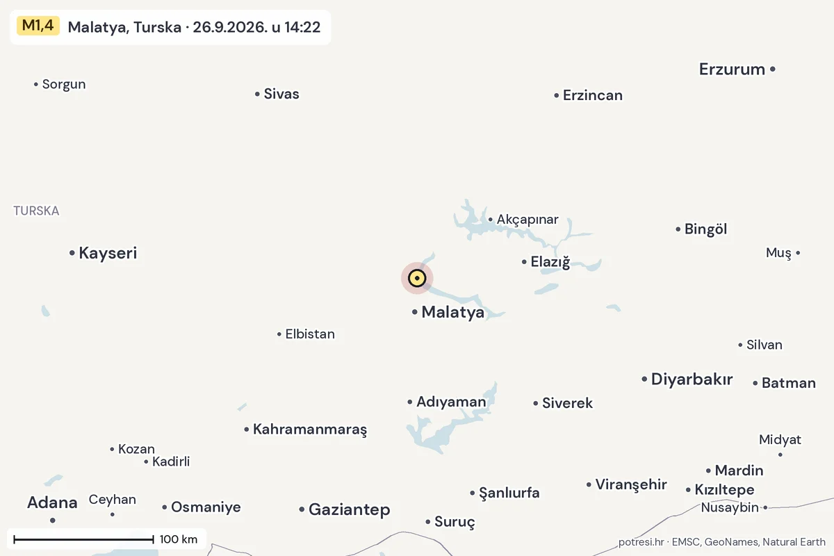 Karta: šire područje, 600 km, potres M1,4, Malatya, Turska, 26.9.2026.