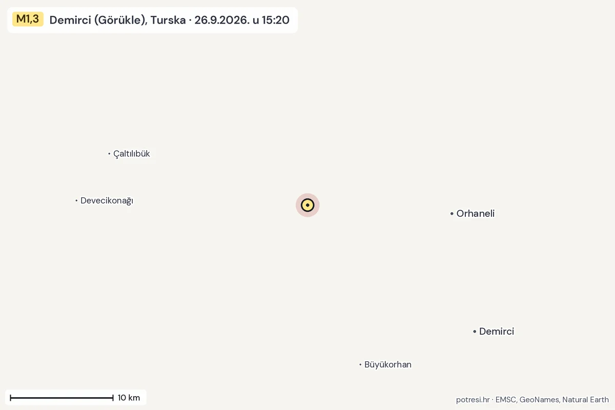 Karta: okolica epicentra, 60 km, potres M1,3, Demirci (Görükle), Turska, 26.9.2026.