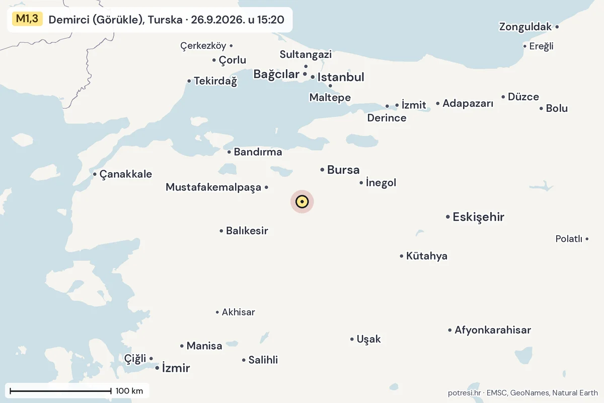 Karta: šire područje, 600 km, potres M1,3, Demirci (Görükle), Turska, 26.9.2026.