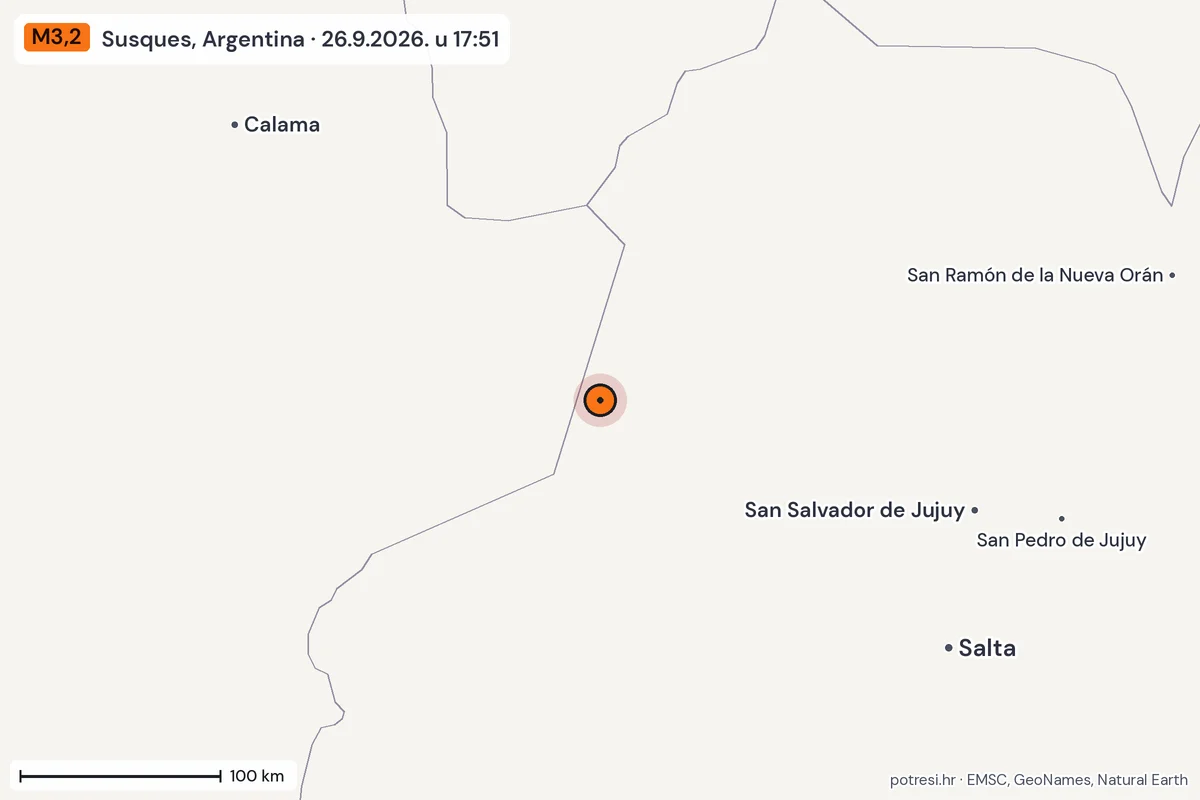 Karta: šire područje, 600 km, potres M3,2, Susques, Argentina, 26.9.2026.
