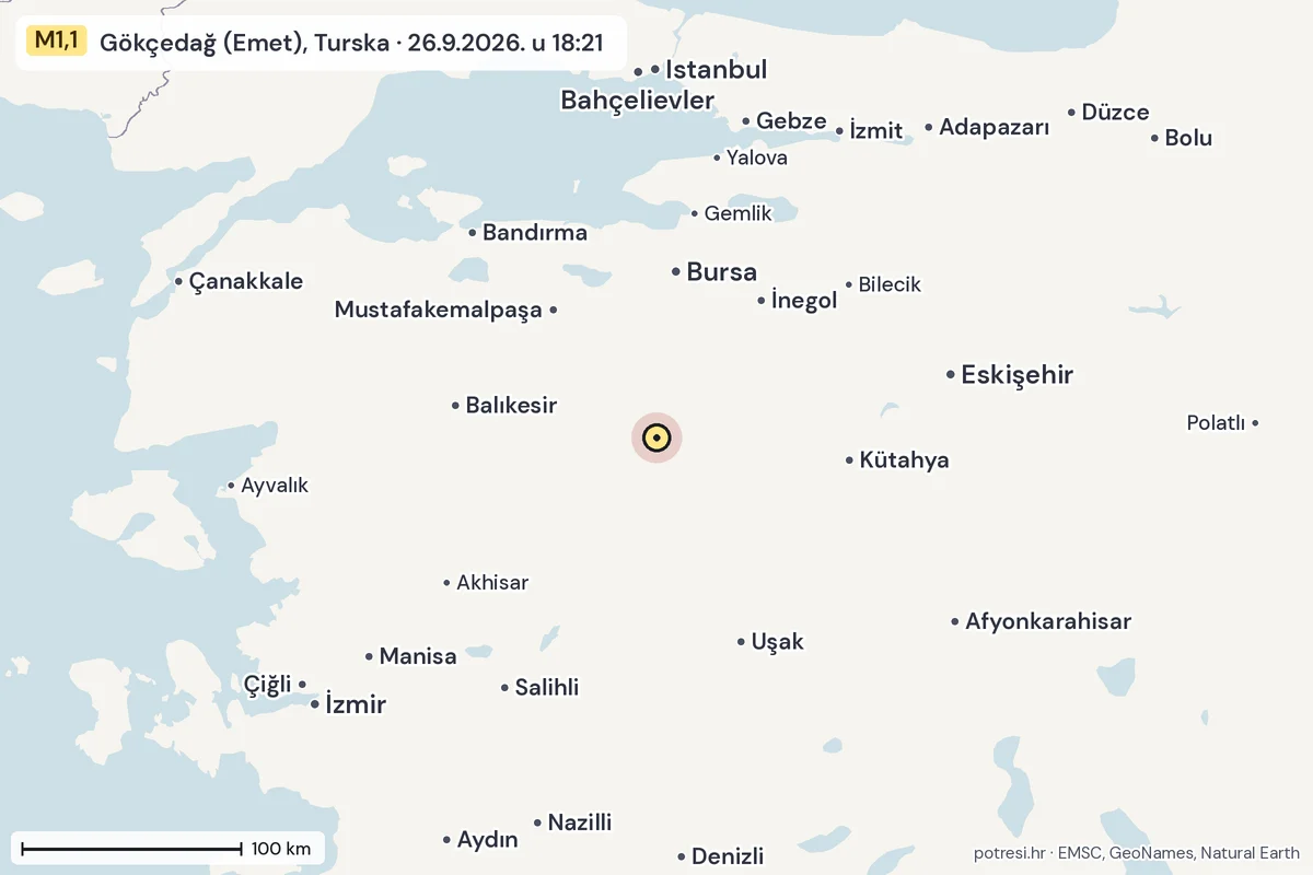 Karta: šire područje, 600 km, potres M1,1, Gökçedağ (Emet), Turska, 26.9.2026.