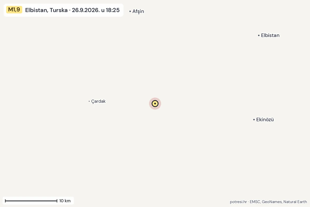 Karta: okolica epicentra, 60 km, potres M1,9, Elbistan, Turska, 26.9.2026.